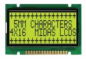 MC41605B6W-SPTLY-V2: Alphanumeric LCD, 16 x 4, Black on Yellow / Green, 5V, Parallel, English, Japanese, Transflective