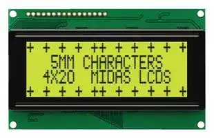 MC42005A6W-SPTLY-V2: Alphanumeric LCD, 20 x 4, Black on Yellow / Green, 5V, Parallel, English, Japanese, Transflective