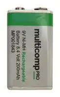 MP001843: Rechargeable Battery, 8.4 V, Nickel Metal Hydride, 200 mAh, PP3, Snap Contact