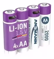 1312-0036: Rechargeable Battery, 1.5 V, Lithium Ion, 2 Ah, AA, Raised Positive and Flat Negative, 4