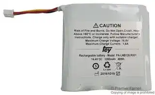 PICPALNB126: Rechargeable Battery, 14.4 V, Lithium Ion, 3.35 Ah, 18650, Connector, 1