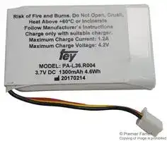 PICPAL36: Rechargeable Battery, Prismatic, 3.7 V, Lithium Ion, 1.3 Ah, Connector, 1