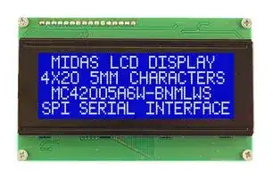 MC42005A6W-BNMLWS-V2: Alphanumeric LCD, 20 x 4, White on Blue, 5V, SPI, English, Japanese, Transmissive