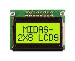 MC20805B6W-SPTLY3.3-V2: Alphanumeric LCD, 8 x 2, Black on Yellow / Green, 3.3V, Parallel, English, Japanese
