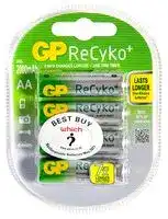 GP210AAHCB-C4: Rechargeable Battery, ReCyKo, Pack of 4, 1.2 V, Nickel Metal Hydride, 2 Ah, AA